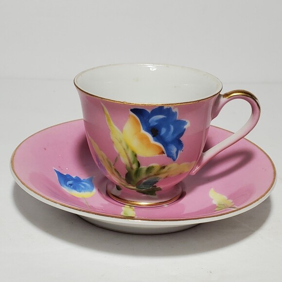 Chugai Demitasse Cup and Saucer Small Pink Blue Flowers - Picture 2 of 10